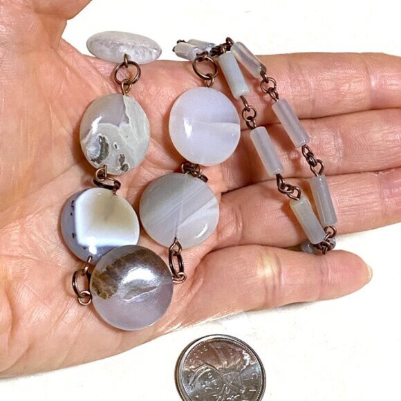 Geometric Agate Coin Necklace, Rustic Genuine Gemstone Copper Link Necklace - Picture 9 of 9